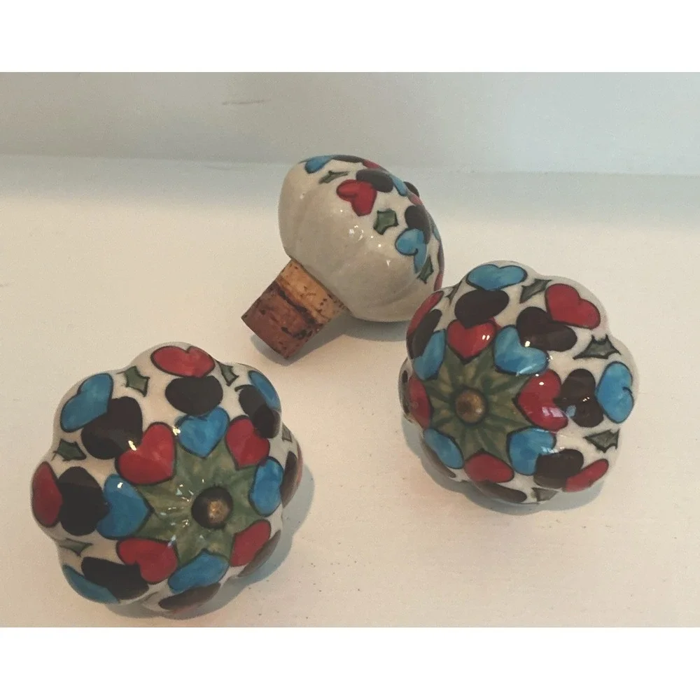 Ceramic Glazed Hearts Cork Wine Bottle Stopper Lot of 3